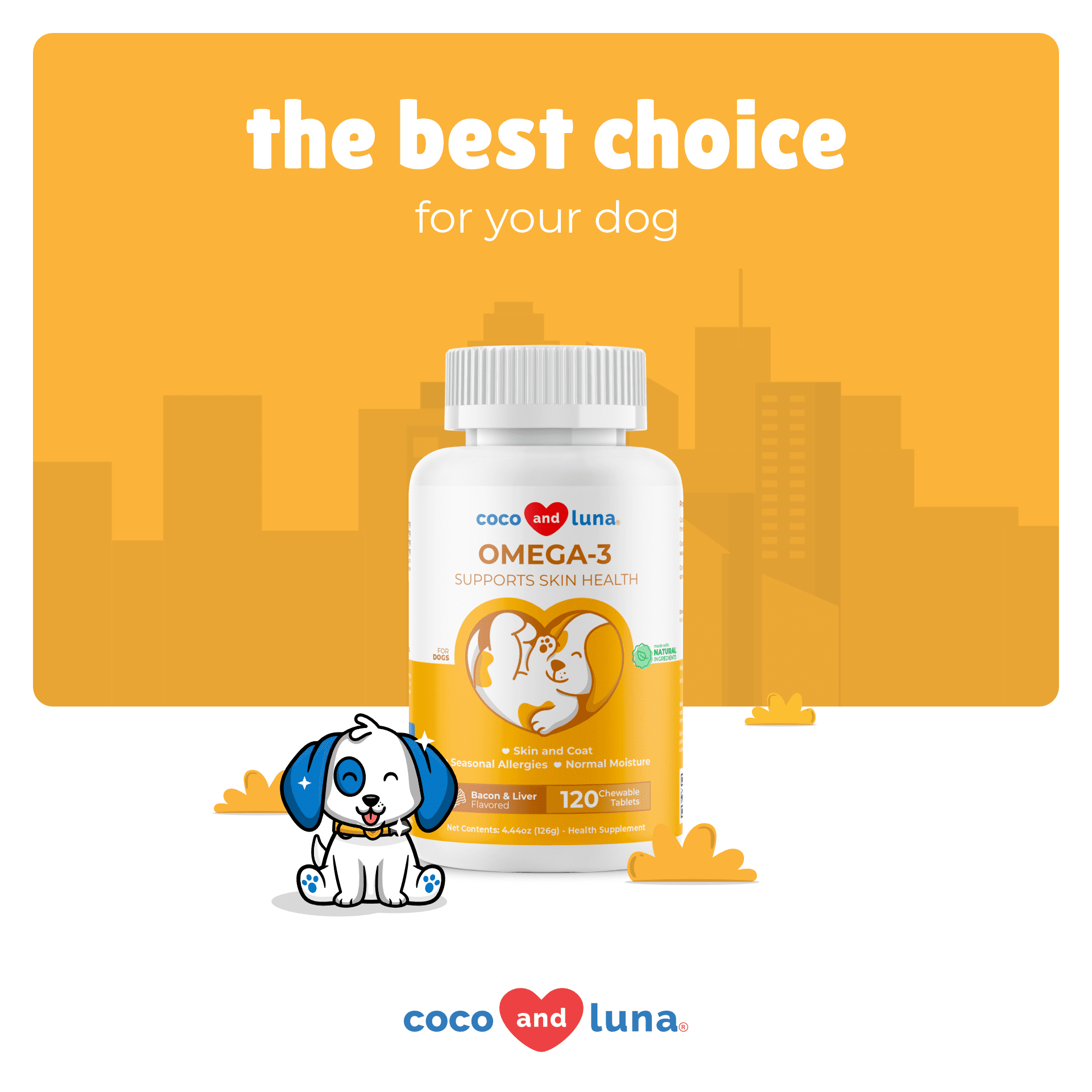 Coco and Luna Omega 3 for Dogs - Dog Shedding, Dry Skin & Heart Support  - 120 Chewable Tablets