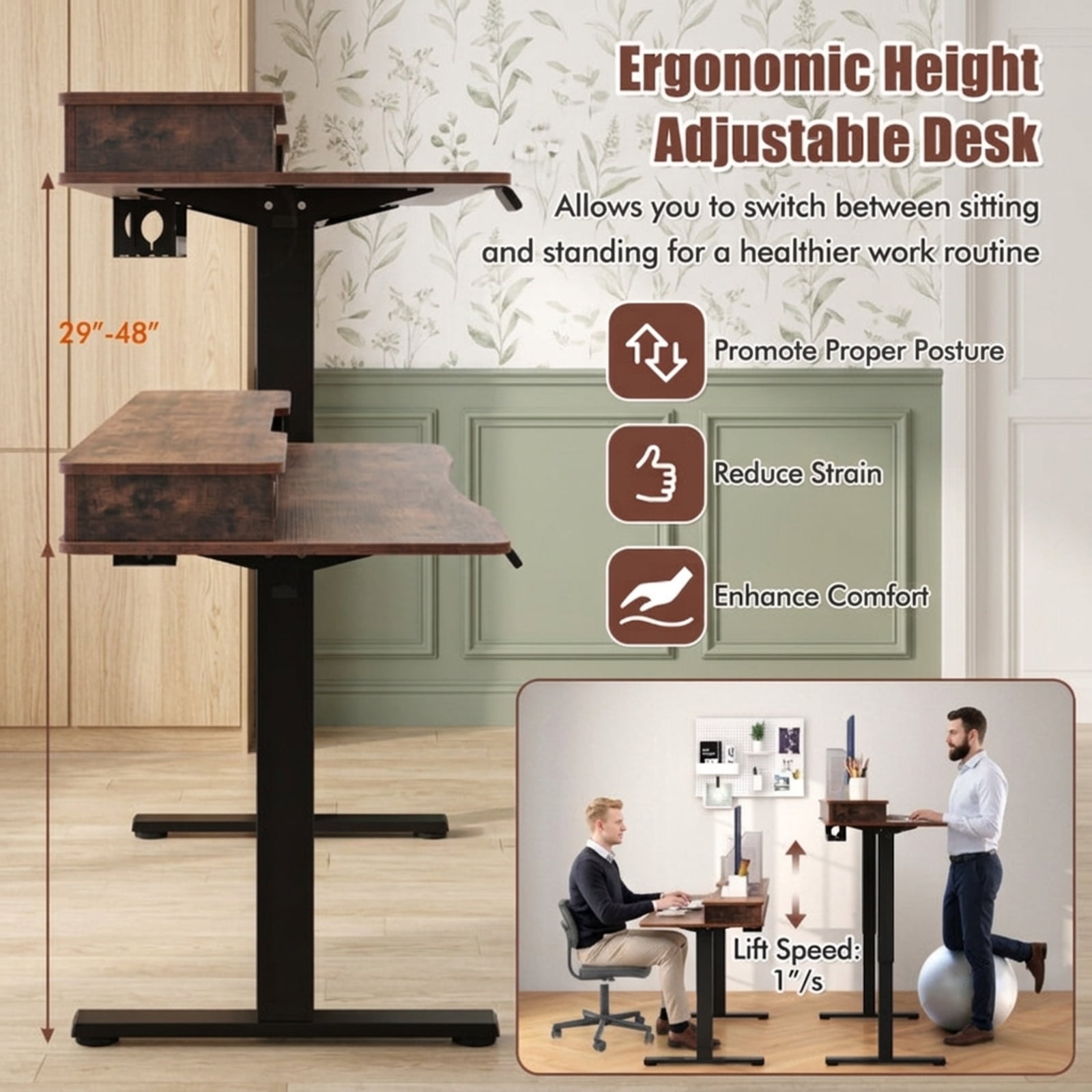 Furnibear 55 x 24 Inch Electric Height Adjustable Standing Desk with 2 Fabric Drawers Monitor Shelf and Cable Management for Home Office, Brown