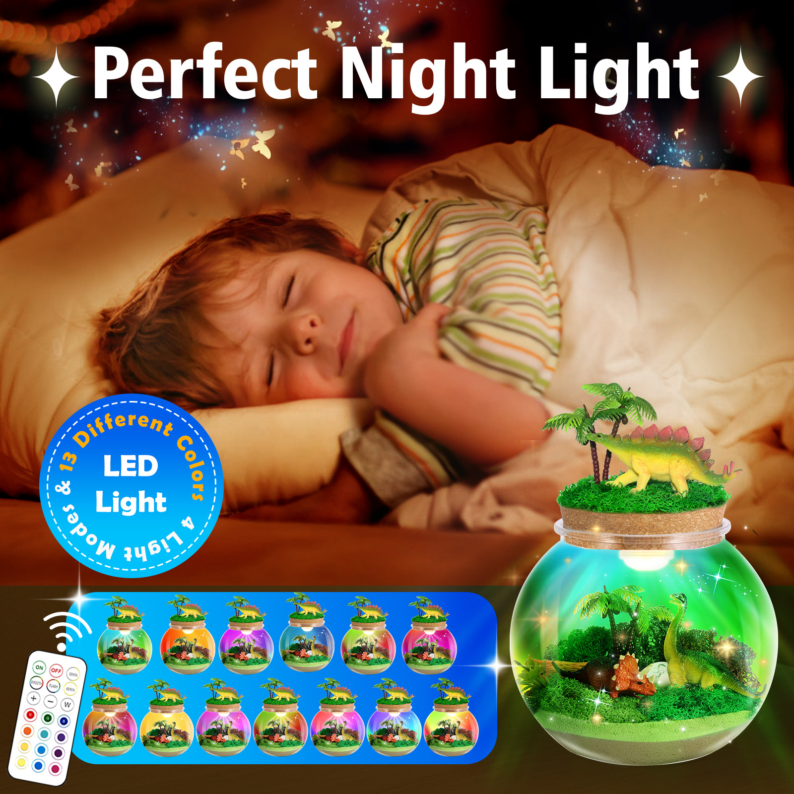 Dinosaur Light-Up Terrarium Kit for Kids- Multicolor LED Night Light Birthday Gifts - Dinosaur Toys for Boys Ages 4-6 7 8 9 10 Year Old - Kids Arts and Crafts Kit