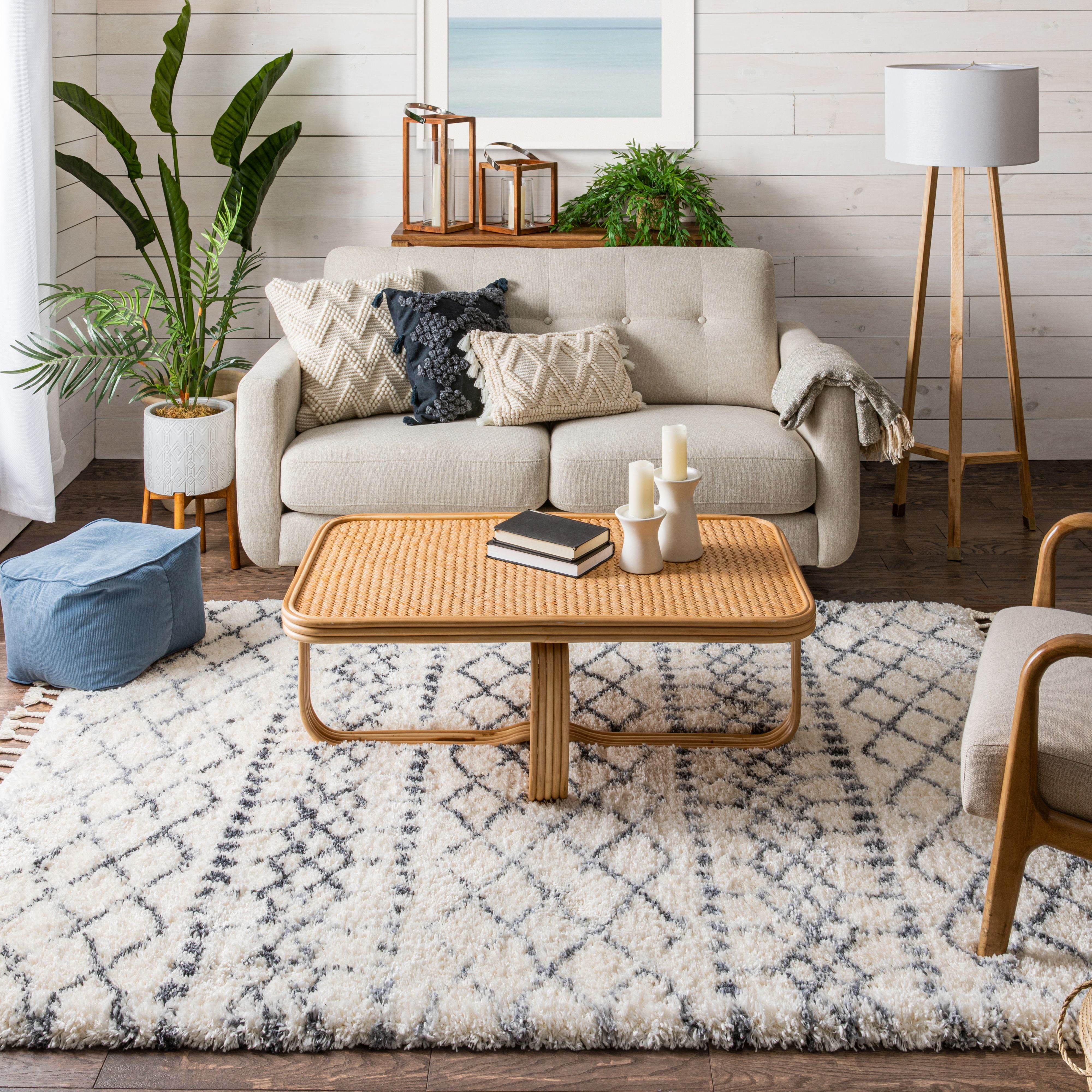Well Woven Chloe Blossom Moroccan Trellis Ivory 5'3" x 7'3" Super Soft & Thick Shag Area Rug