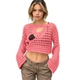 thumbnail image 2 of JULMCOMO Crochet Beach Cover Ups for Women Hollow Out Mesh Knit Summer Crop Tops Long Sleeve Cutout Bikini Cover Ups for Swimwear Watermelon Red L, 2 of 7