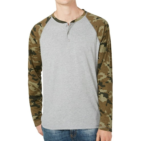 American Rag Mens Camo Raglan Sleeve Henley Shirt, Grey, XX-Large