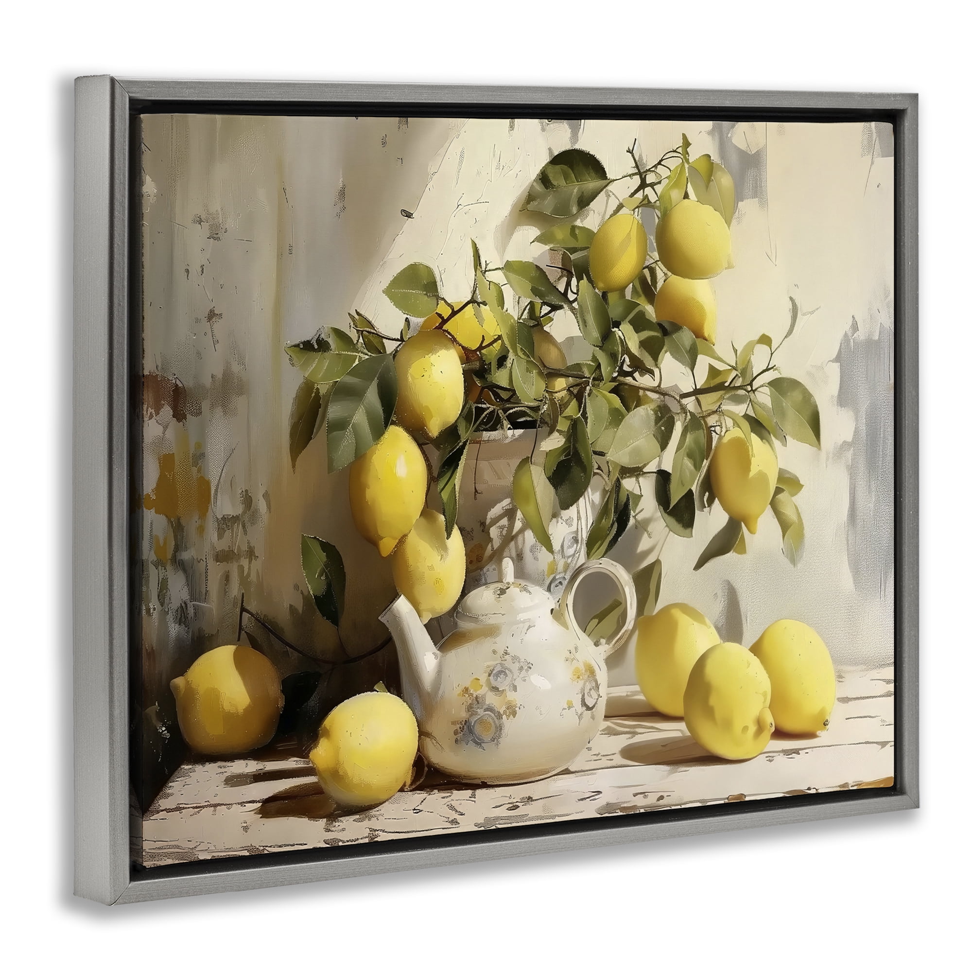Stupell Industries Lemon Still Life with Teapot Gray Framed Floater Canvas Wall Art, design by LSR Design Studio