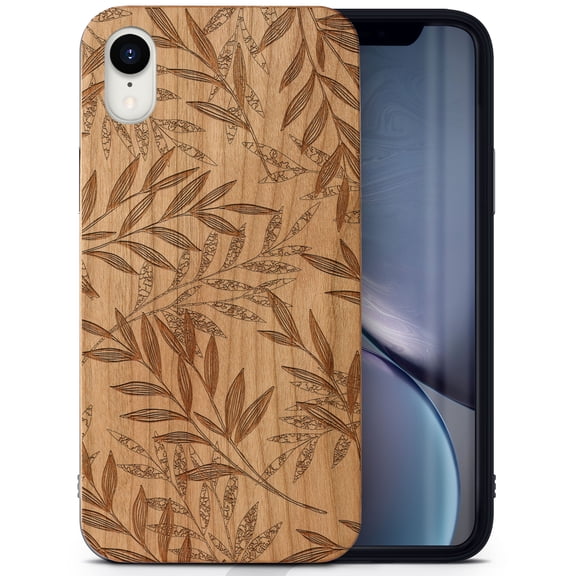 Case Yard Wooden Case Outside Soft TPU Silicone, Slim Fit Shockproof Wood Protective Phone Cover for Girls Boys Men and Women, Supports Wireless Charging Light Leaves Design case for iPhone-XR