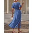 thumbnail image 2 of Womens Blue Polka Dot V-Neck Ruched Side Maxi Dress With Slit, 2 of 5
