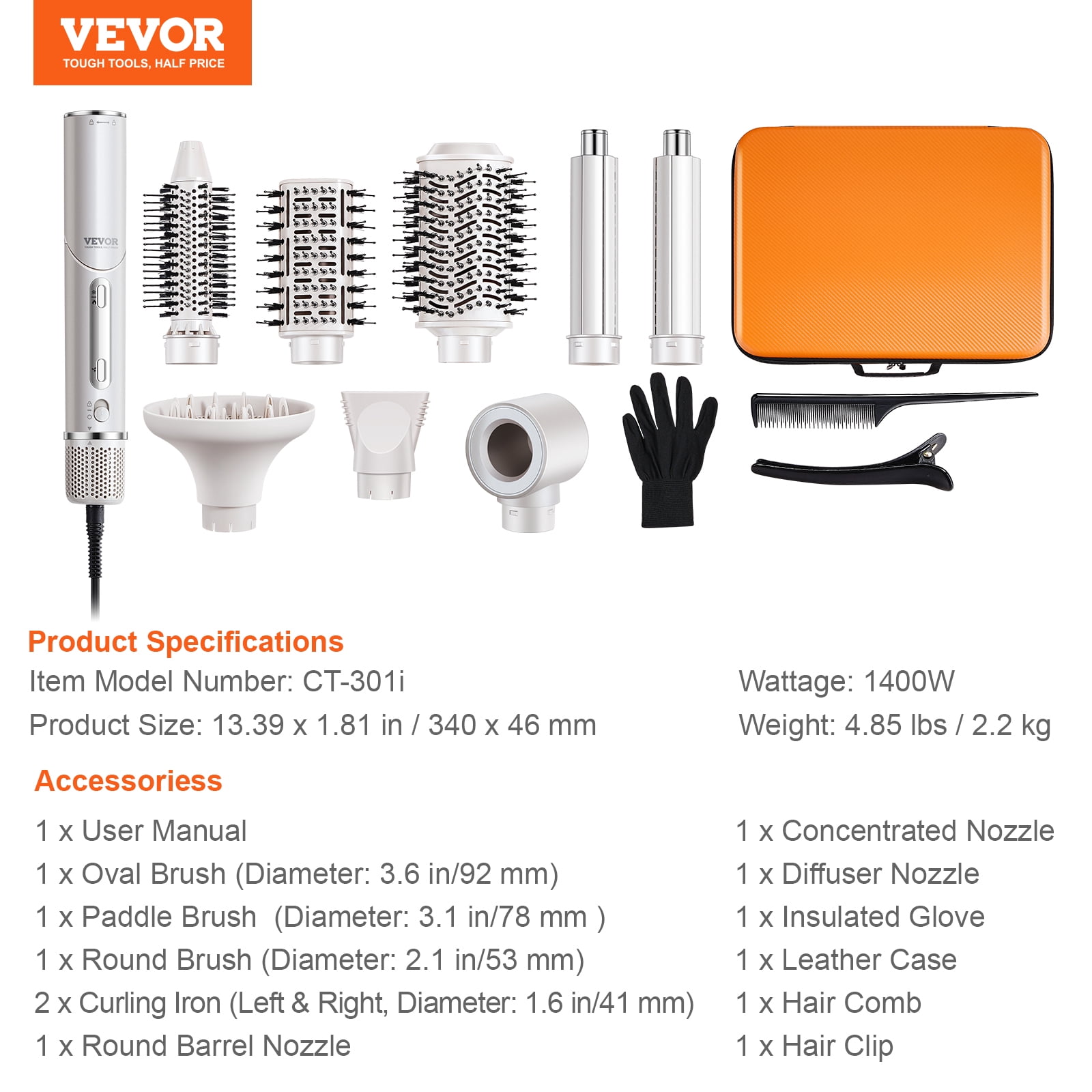 VEVOR Hair Styler Dryer Brush, 7-in-1 Professional Multi Styler, 110,000RPM High-Speed Hot Air Styler with Brushless Motor, 2 Auto-Wrap Curler, 3 Brushes & 3 Nozzle, 90° Folding Design