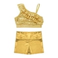 thumbnail image 3 of YONGHS Kids Girls 2-Piece Tracksuit Gymnastics Dance Outfit Sequin Ruffle Crop Top with Shorts Gold 8, 3 of 7