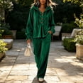 thumbnail image 6 of Szluipve 2 Piece Sets for Women Velour Tracksuit 2 Piece Outfits Hooded Henley Button Long Sleeve Top & Wide Leg Pants Casual Soft Loungewear Set with Pockets Dark Green XL, 6 of 9