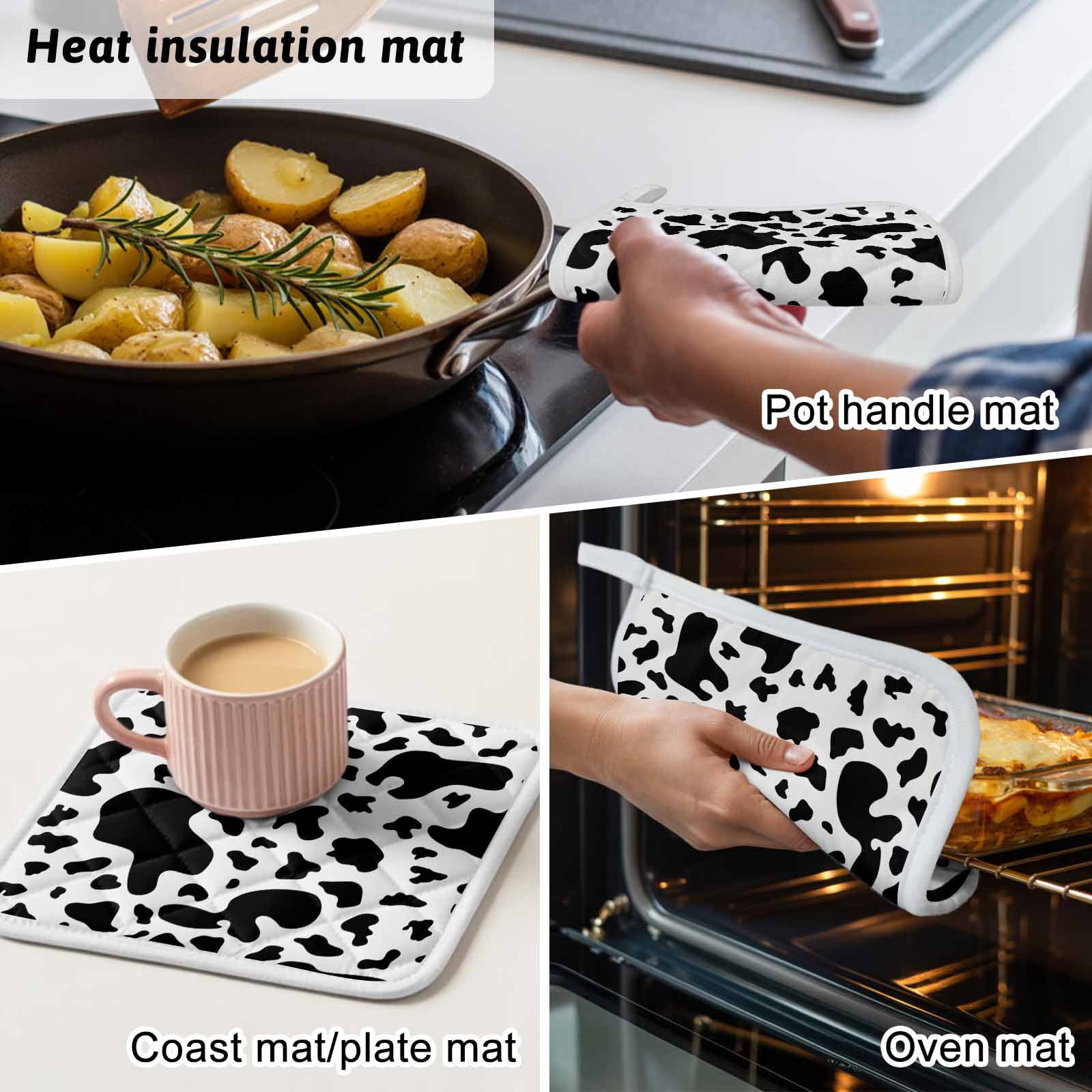 Cow Print Pot Holders for Kitchen Heatproof Potholder, 3 Pack Modern Black White Farm Animal Patterned Hot Pads Multipurpose Oven Pads Cloth Potholders Trivet for Cooking Baking
