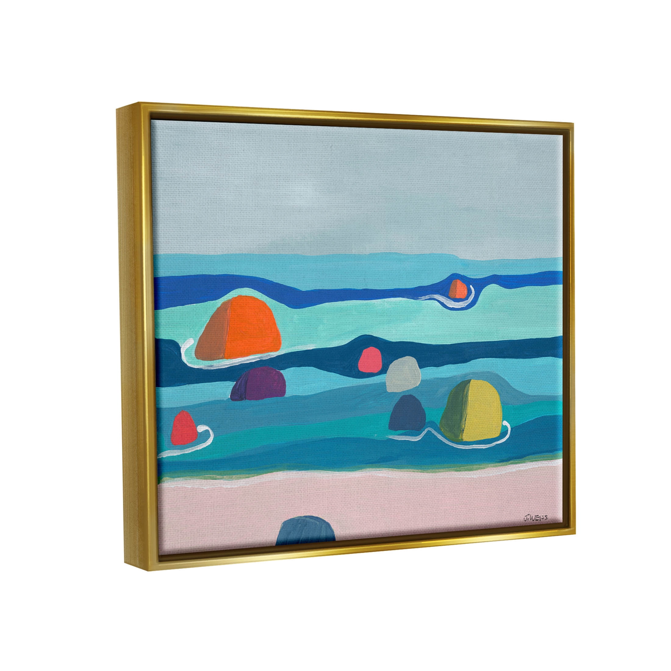 Modern Floating Beach Buoys Coastal Painting Metallic Gold Framed Art Print Wall Art