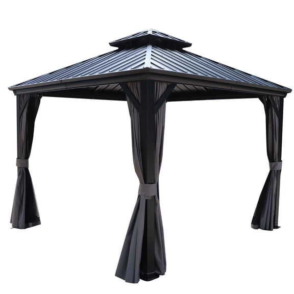 Kozyard Caesar 10'x10' Hardtop Gazebo - Permanent Metal Pavilion with Netting and Shaded Curtains for Patio Backyard Deck - Galvanized Steel Outdoor Aluminum Canopy, Double Roof Gazebo (Dark Gray)