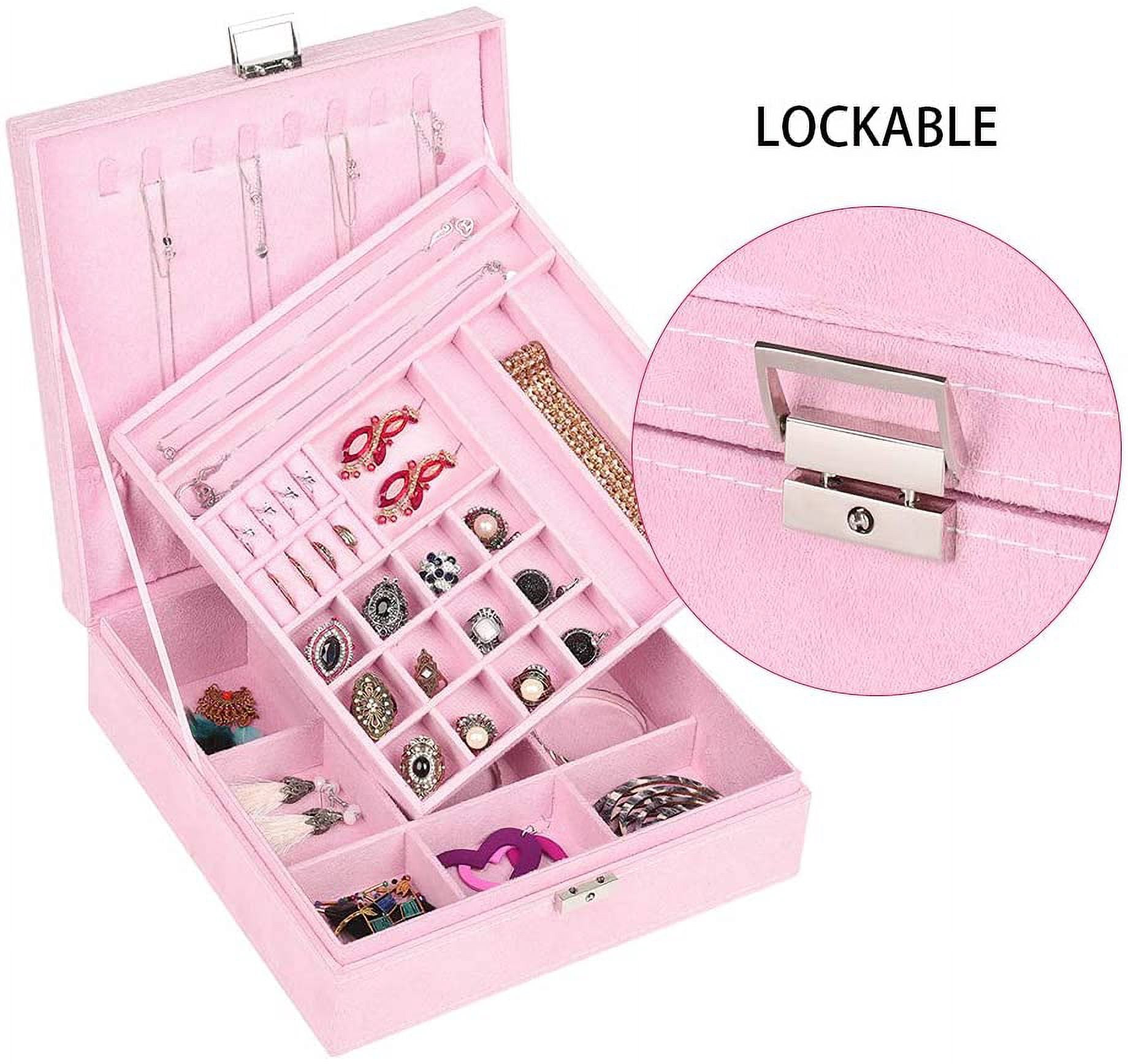 Jewelry Box Organizer, 2 Layers Lint Jewelry Display Storage Case with Lock - Pink