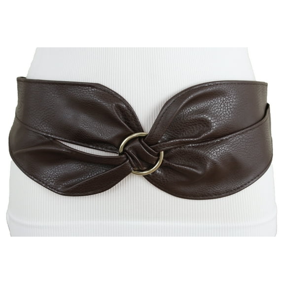 Women Brown Wide Faux Leather Braided Flower Look Fashion Belt Hip Waist S M