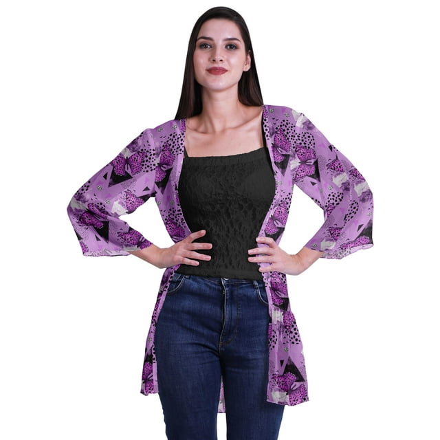 Moomaya Cardigan Court Imprimé en Georgette de Viscose à Manches Longues pour Femmes