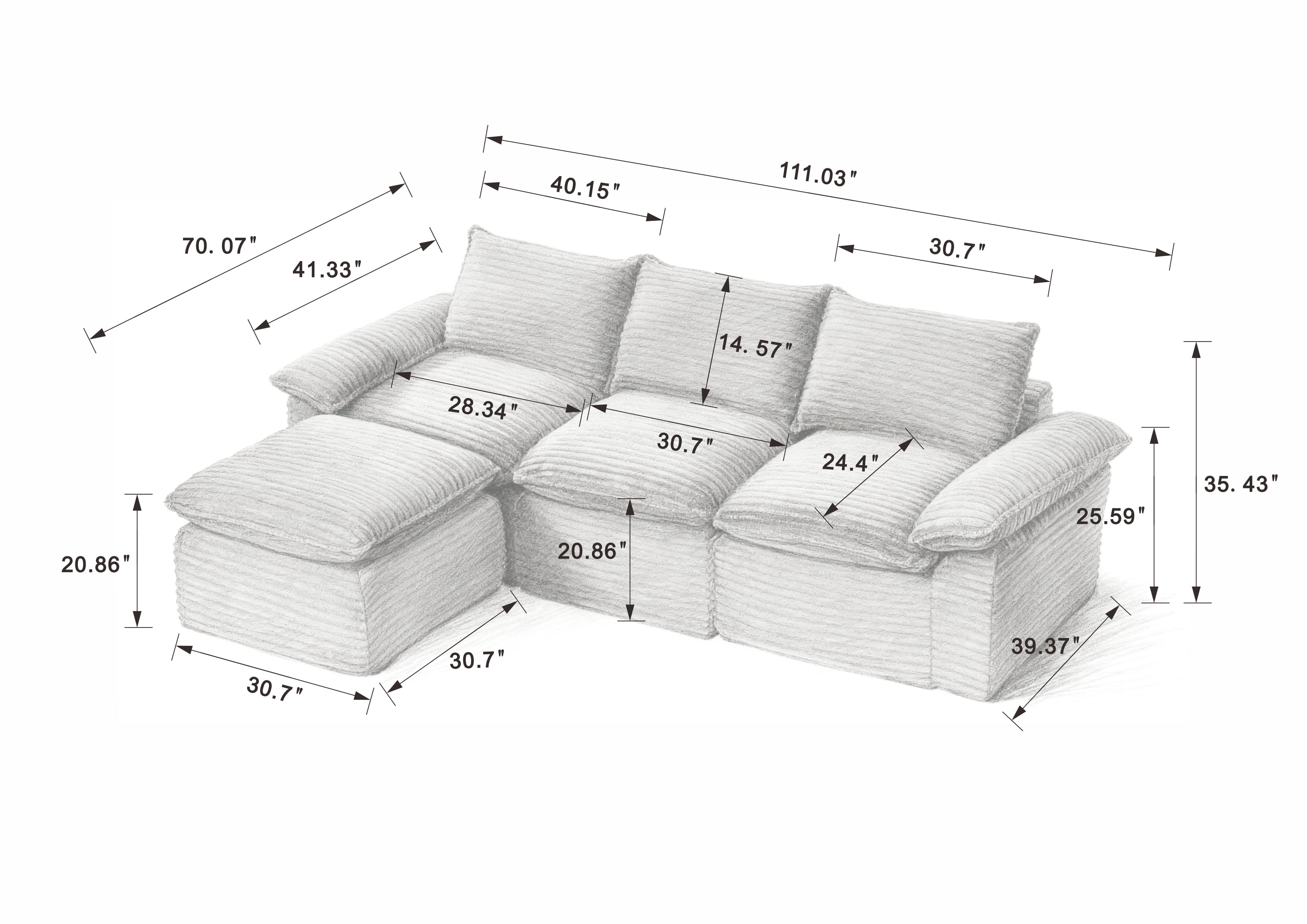 MAYEERTY Modern Modular Corduroy Sofa, Black Cloud-Soft Sectional Couch for Apartment