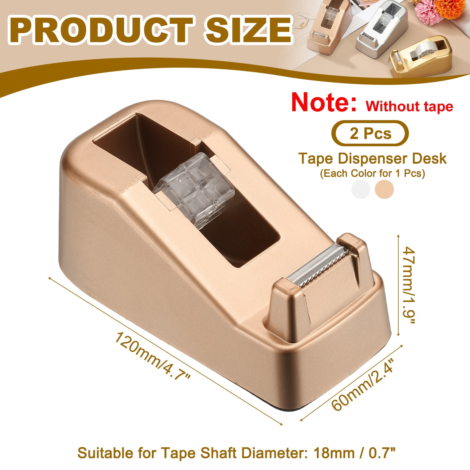 2pcs Tape Dispenser Desk, Heavy Duty Tape Dispenser Desktop Light Luxury Frosted Dispensers Holder Non-Skid Base Elegant for Home Office Desktop Small Business Gift, Rose Gold Tone
