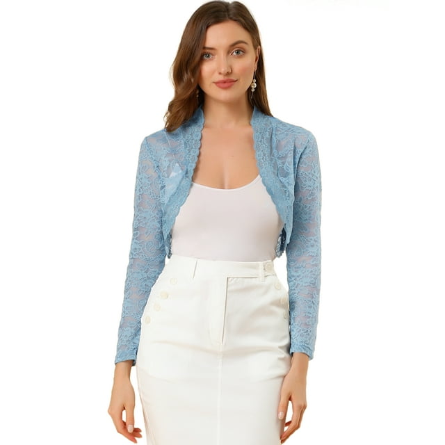 INSPIRE CHIC Women's Floral Lace Sheer Long Sleeve Open Front Crop Shrug Cardigan