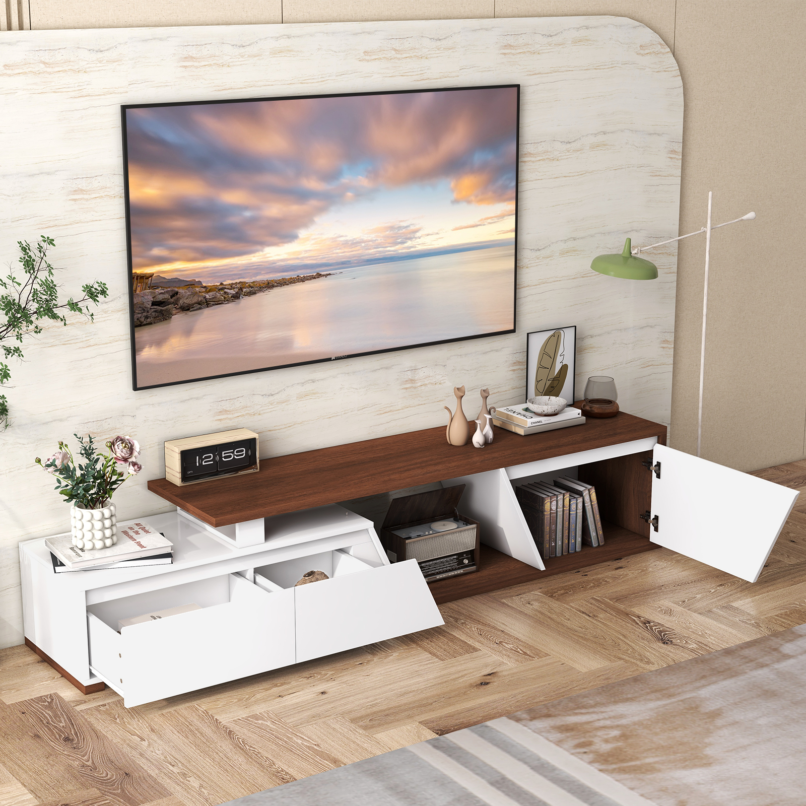 JOIVI Extendable LED TV Stand, Modern Entertainment Center with 2 Drawers, Sliding Tabletop Media Console with Storage Cabinet for Living Room, 63.0" - 90.5", White