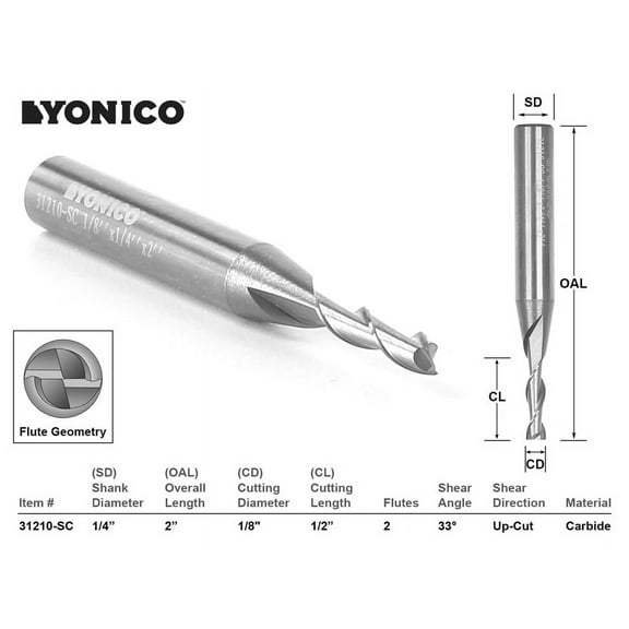 Yonico CNC Router Bit Up Cut Solid Carbide 1/8" X 1/2" X 1/4" X 2" - 31210-SC