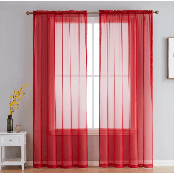 Plume D' Home Sheer Curtain 2 Panels of (55" W × 84" L) Rod Pocket Solid Sheer (Red)