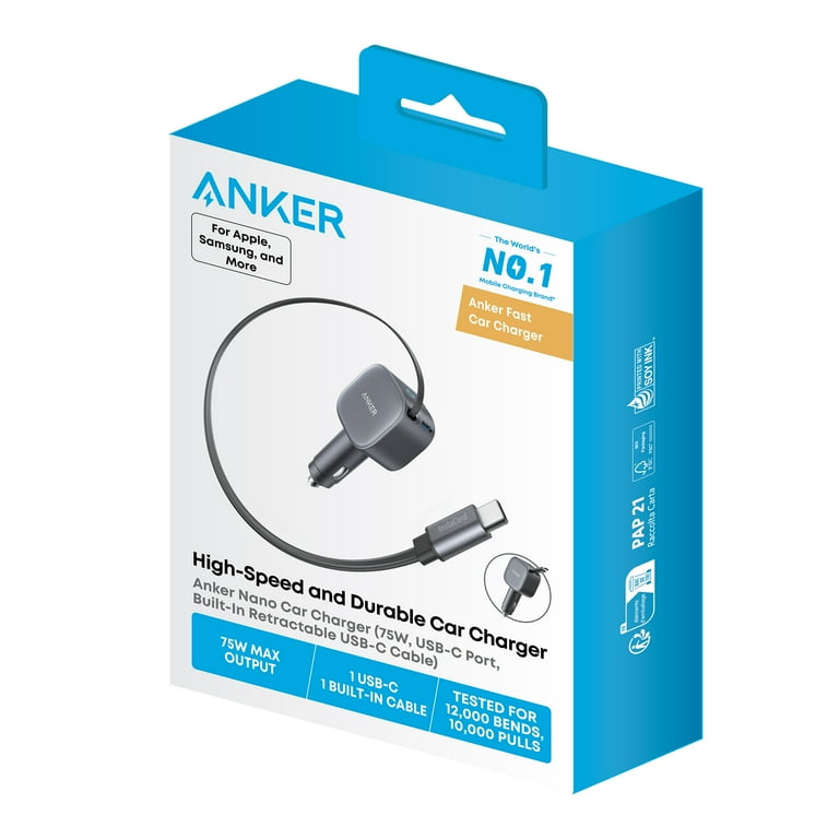 Anker Nano USB-C Car Charger, Type-C Fast Car Charger with 45W built-in  retractable cable and 30W USB-C Port