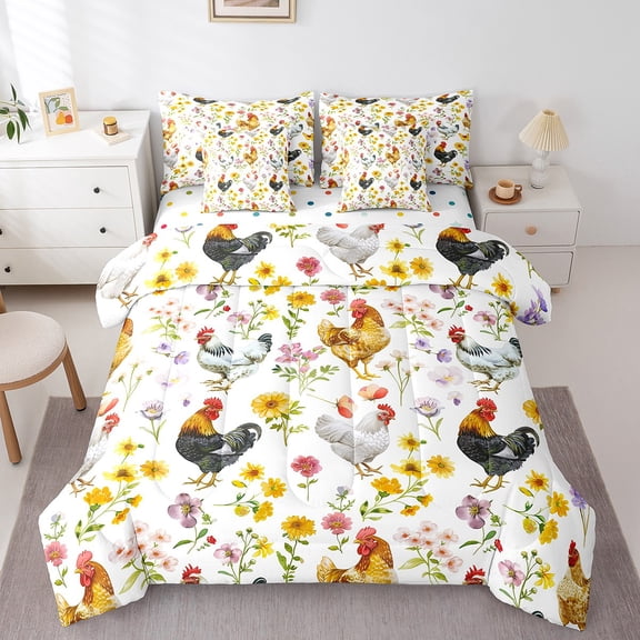 Erosebridal Animal Rooster Bedding Sets Twin Size,Floral Flower Comforter Sets with Sheets,Botanical Plants Bed in a Bag Twin size,Lightweight Farmhouse Bedroom Decoration,Reversible,7pcs
