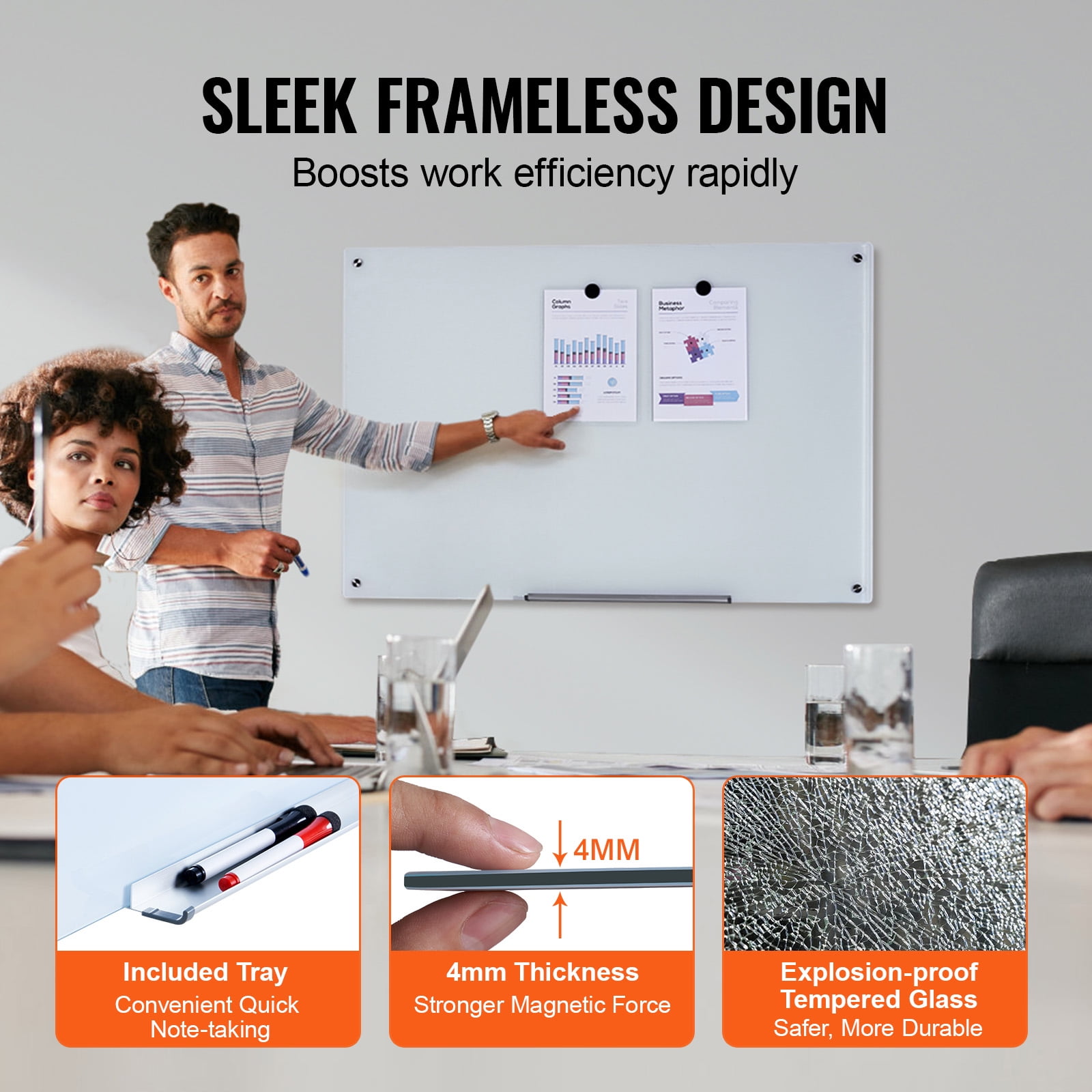 KFFKFF 36"x24" Magnetic Glass Dry Erase Board Frameless Wall Mounted Magnetic 3' x 2' Large Glass Whiteboard Dry Erase Board with Tray for Office, School & Home