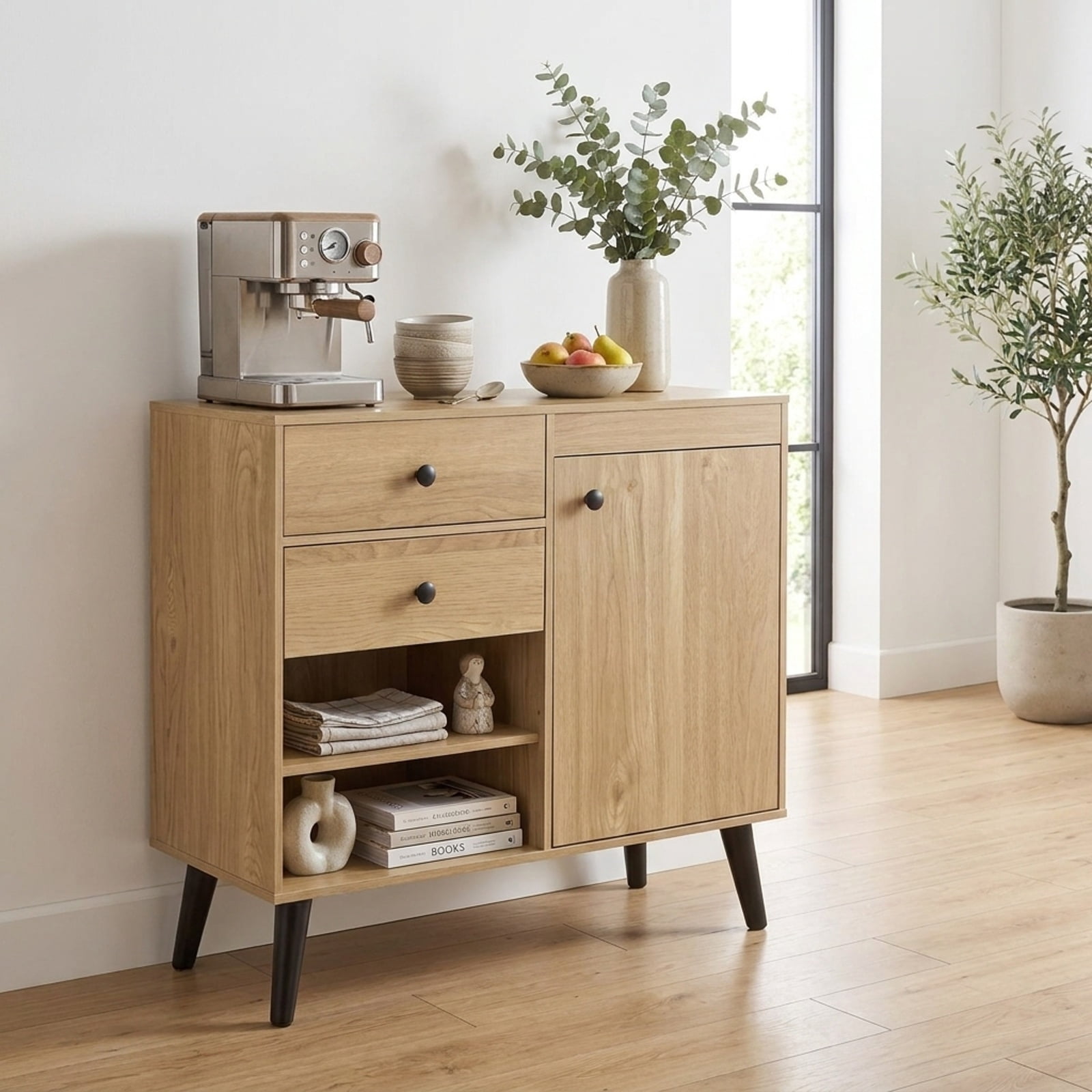 Furnibear 31" Sideboard Cabinet with 2 Open Compartments and 2 Drawers-Natrual for Kitchen Dining Living Room Buffet Storage Server, Natural