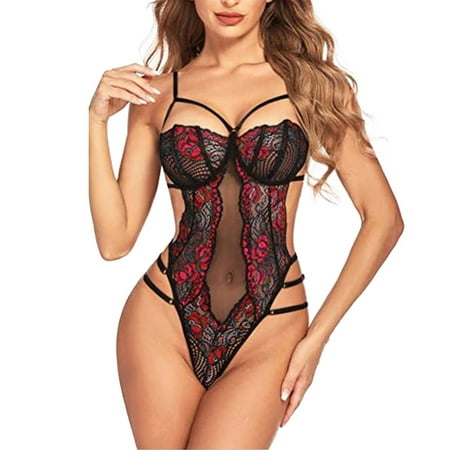 adviicd White Lingerie For Women Women One Piece Lingerie Snap Crotch Bodysuit Lingerie Lace Teddy Red S