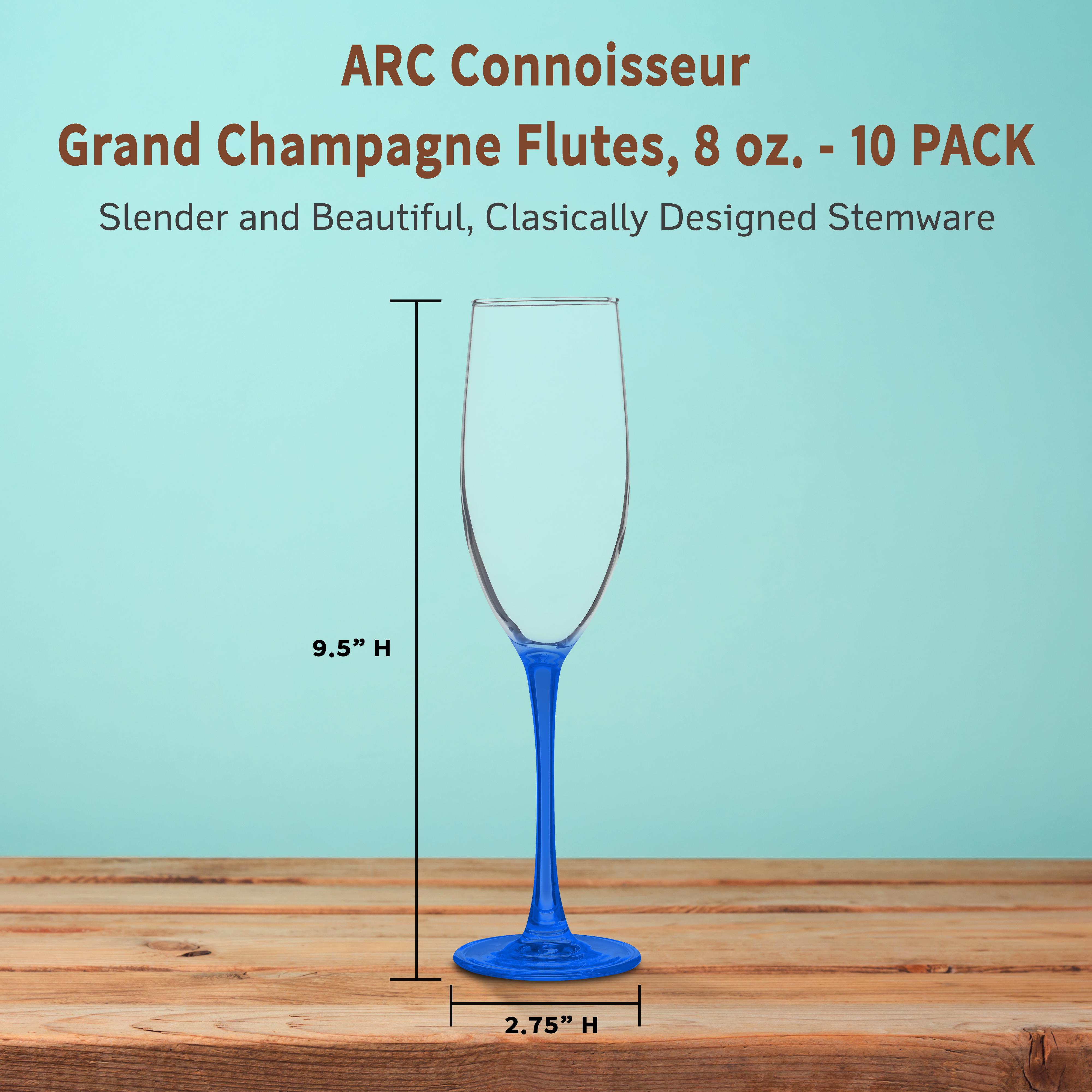 10 ARC Connoisseur Grand Champagne Flutes Set, 8 oz. - Durable, Sleek, Color Bottom, Barware - Blue