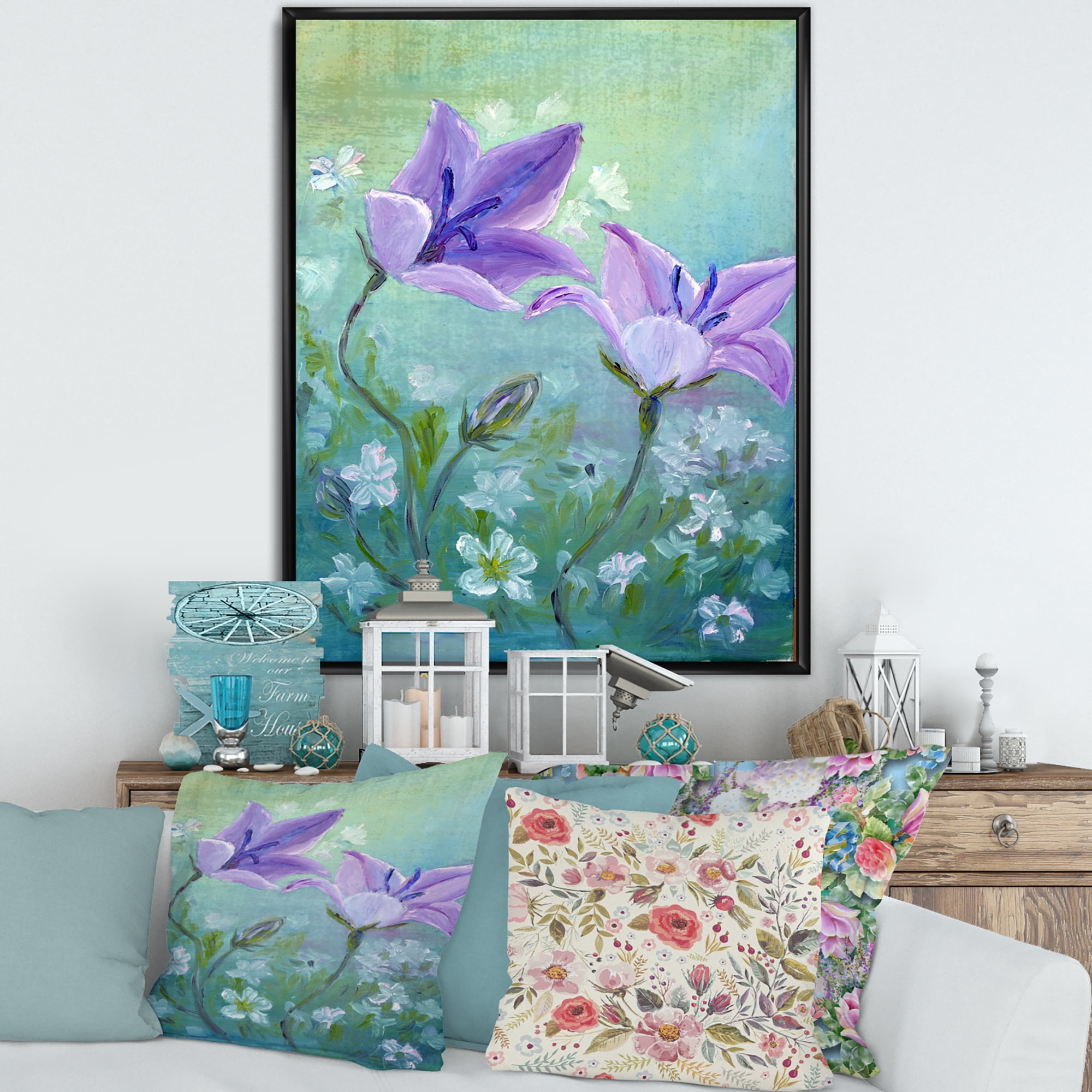Purple Bellflowers Blooming 12 in x 20 in Framed Painting Canvas Art Print, by Designart