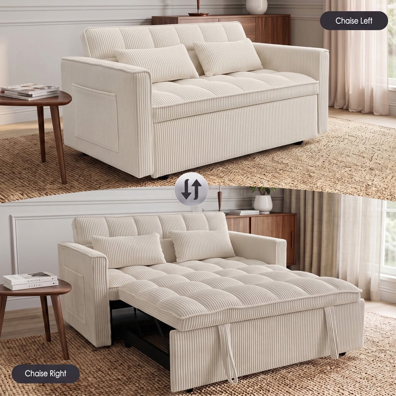 Anpport 54" 3‑in‑1 Convertible Sleeper Sofa Bed, Corduroy Pull‑Out Couch with Adjustable Backrest, Side Pockets & 2 Pillows for Small Spaces, Beige
