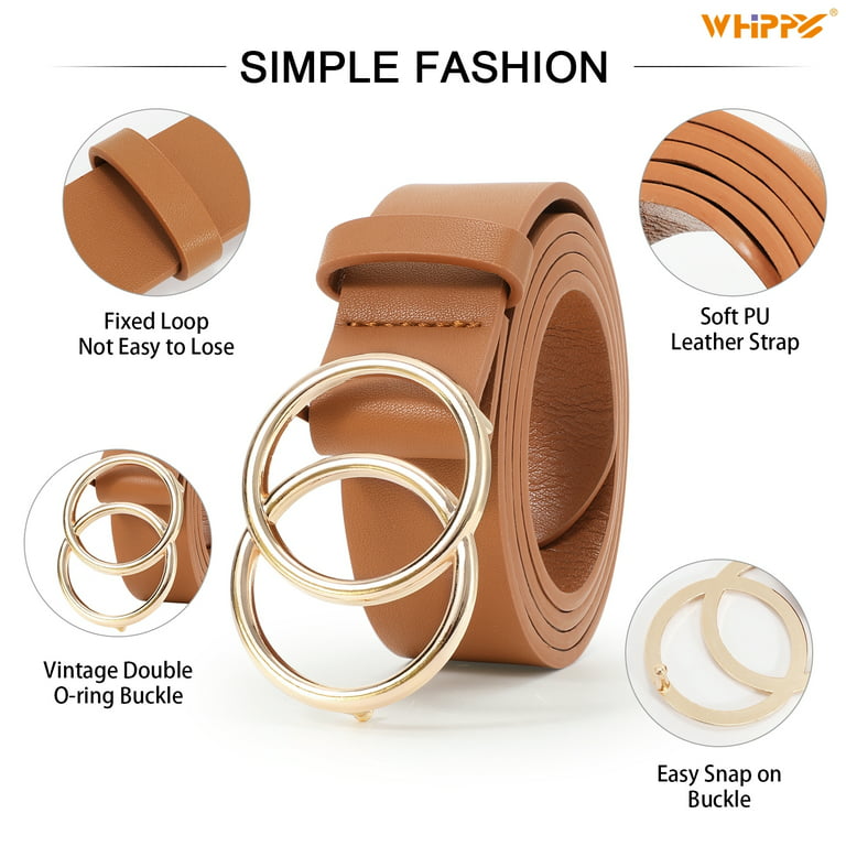 WHIPPY Women Leather Belt with Double Ring Buckle, Brown Waist Belt for  Jeans Dress 