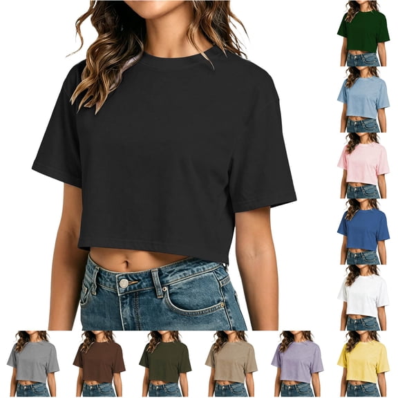 WERYOUNG Cropped T Shirts For Women Summer Short Sleeve Casual Loose Round Neck Streetwear Basic Tees Stylish Top L