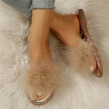 

Frostluinai Women Sandals Savings 2023! Womens Summer Fashion Colour Feather Slippers Round Toe Flat Casual Slippers
