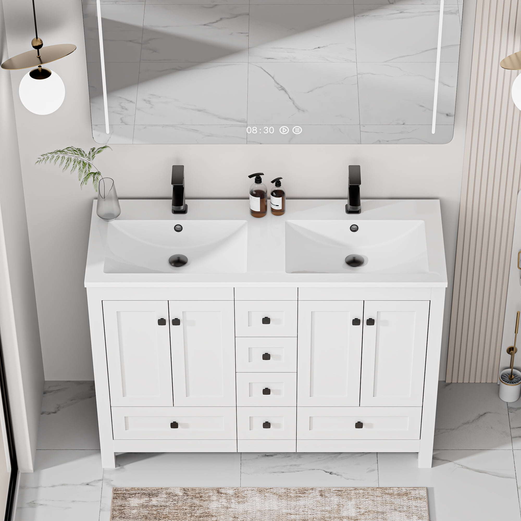 Eclife 48" Freestanding Bathroom Vanity Set with Resin Double Sink Top, PU Paint, Water Saving Faucet, White