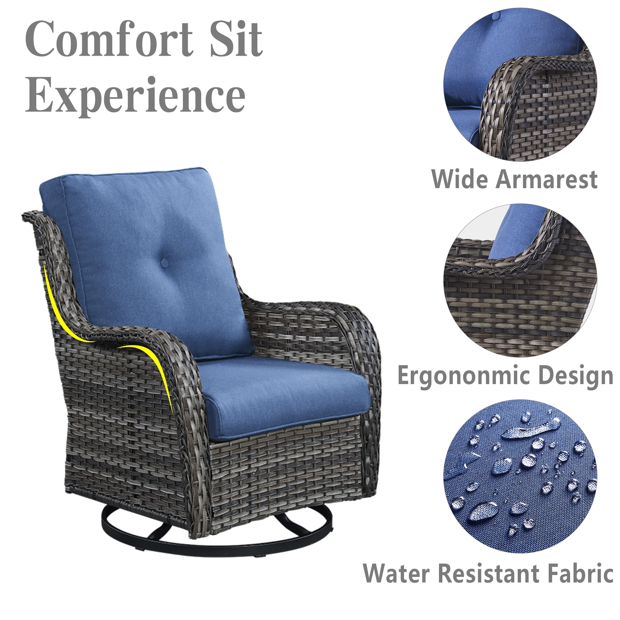 POCASSY 5PCS Patio Furniture Set with Firepit Table, Gray Wicker Furniture Set for Outside with Patio Couch Swivel Chairs - Blue