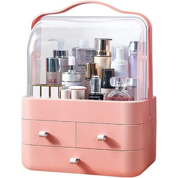 Organizador de maquillaje, caja de almacenamiento de cosméticos portátil de acrílico, cajones transparentes, caja de joyería, soporte para cosméticos para tocador y baño (rosa)