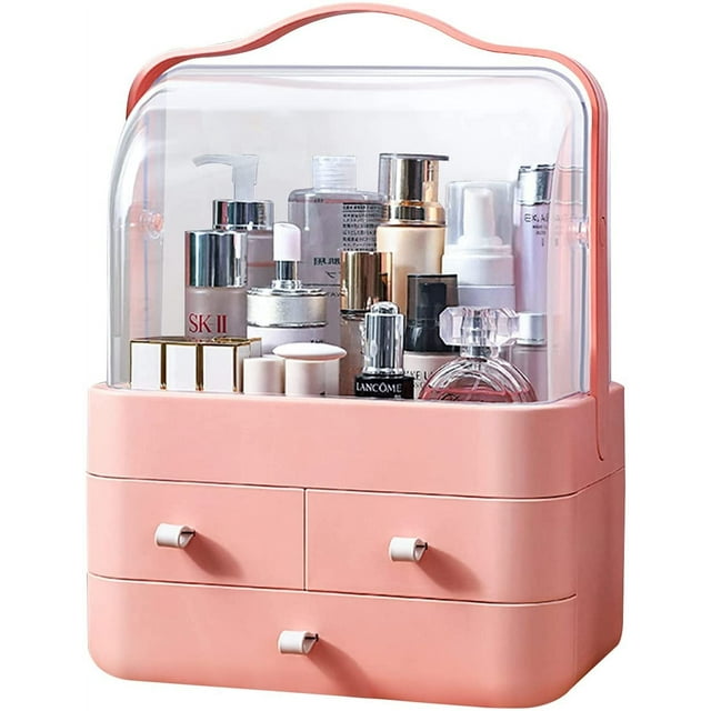 Organizador de maquillaje, caja de almacenamiento de cosméticos portátil de acrílico, cajones transparentes, caja de joyería, soporte para cosméticos para tocador y baño (rosa)