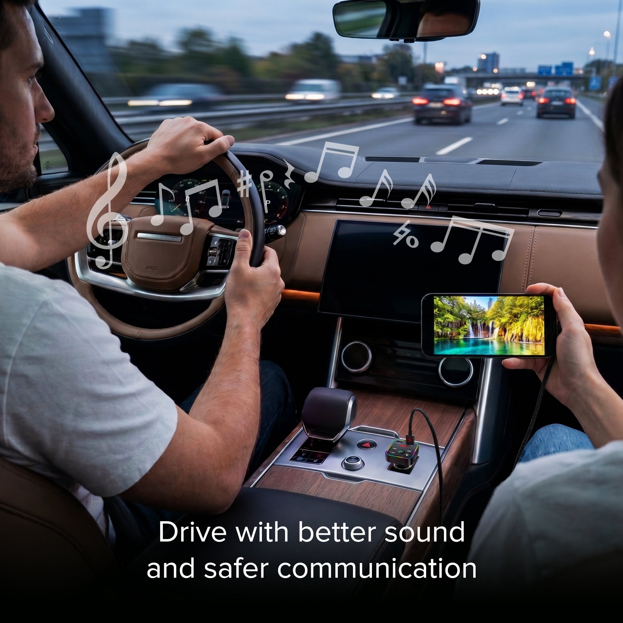 onn. Bluetooth FM Transmitter and Car Charger with USB-C 15W and USB-A 12W Charging, Hands-Free Calling, AUX Port, LED Display and Multicolor Light