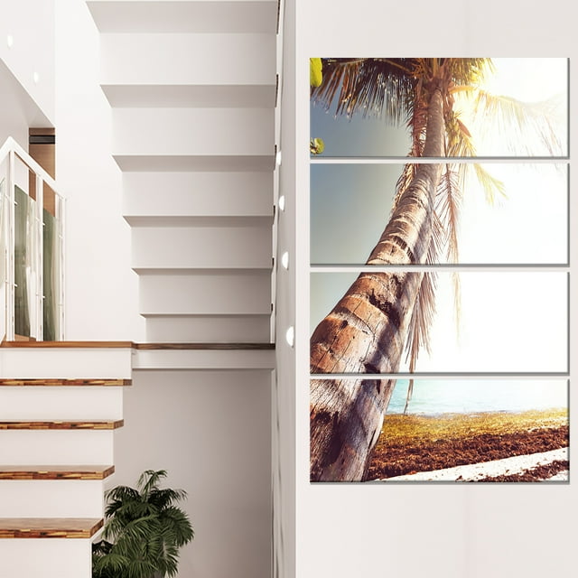 Huge Bent Coconut Tree To Beach - Landscape Wall Art on Canvas