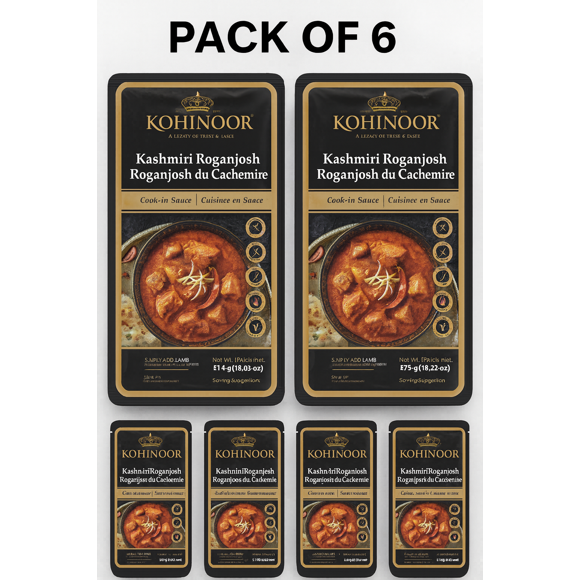 Kohinoor Sauce Rogan Josh du Cachemire – Sauce de Cuisson, Lot de 6 X 375 g (Total 2,25 kg) – Sauce de Cari du Cachemire Authentique