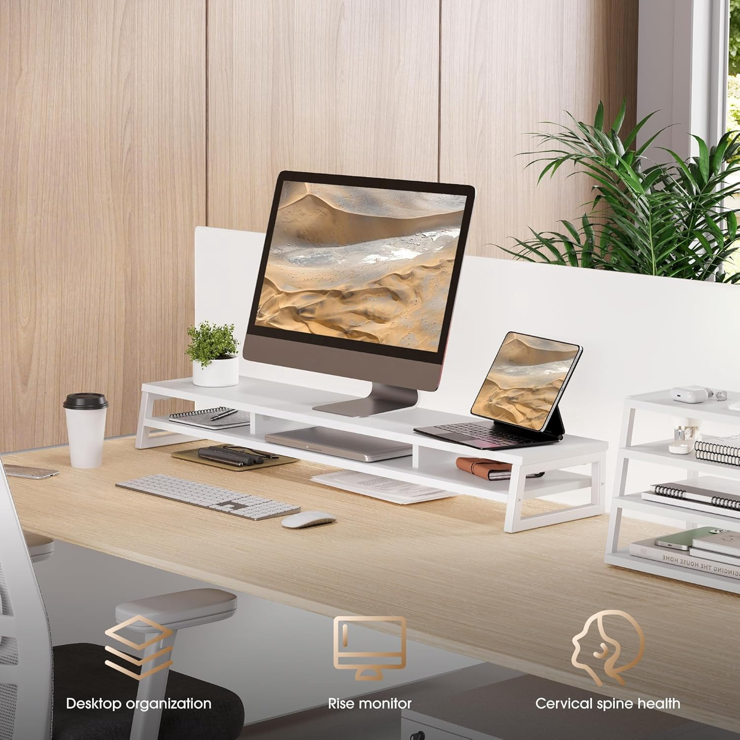 Dual Monitor Stand for Desk, 42.5in Large Monitor Riser for 2 Monitors, 2 Tier Computer Office Desk Top Shelf, Desktop Storage Stand for Laptop, PC, Computer, Printer