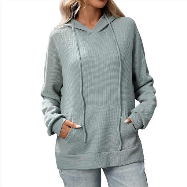 Sudadera con Capucha Extragrande para Mujer, Informal, de Larga, de Punto Gofre, con Cordón Ajustable, Abertura Lateral y Bolsillo. Verde S