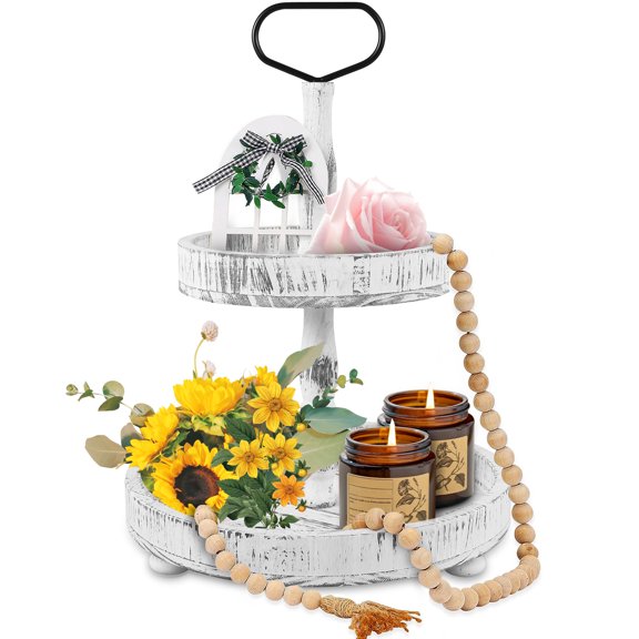 Qenwkxz 2 Tiered Wood Tray 46cm Wood Tiered Tray Decor Farmhouse Tiered Tray with Metal Handle Detachable Tiered Serving Tray Tiered Food Cupcake Display Tray Kitchen Tiered Tray for Table