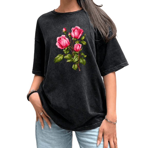 UNISHE Women's Vintage Washed Classic Rose Graphic Tee - Elegant Botanical Floral Art Top