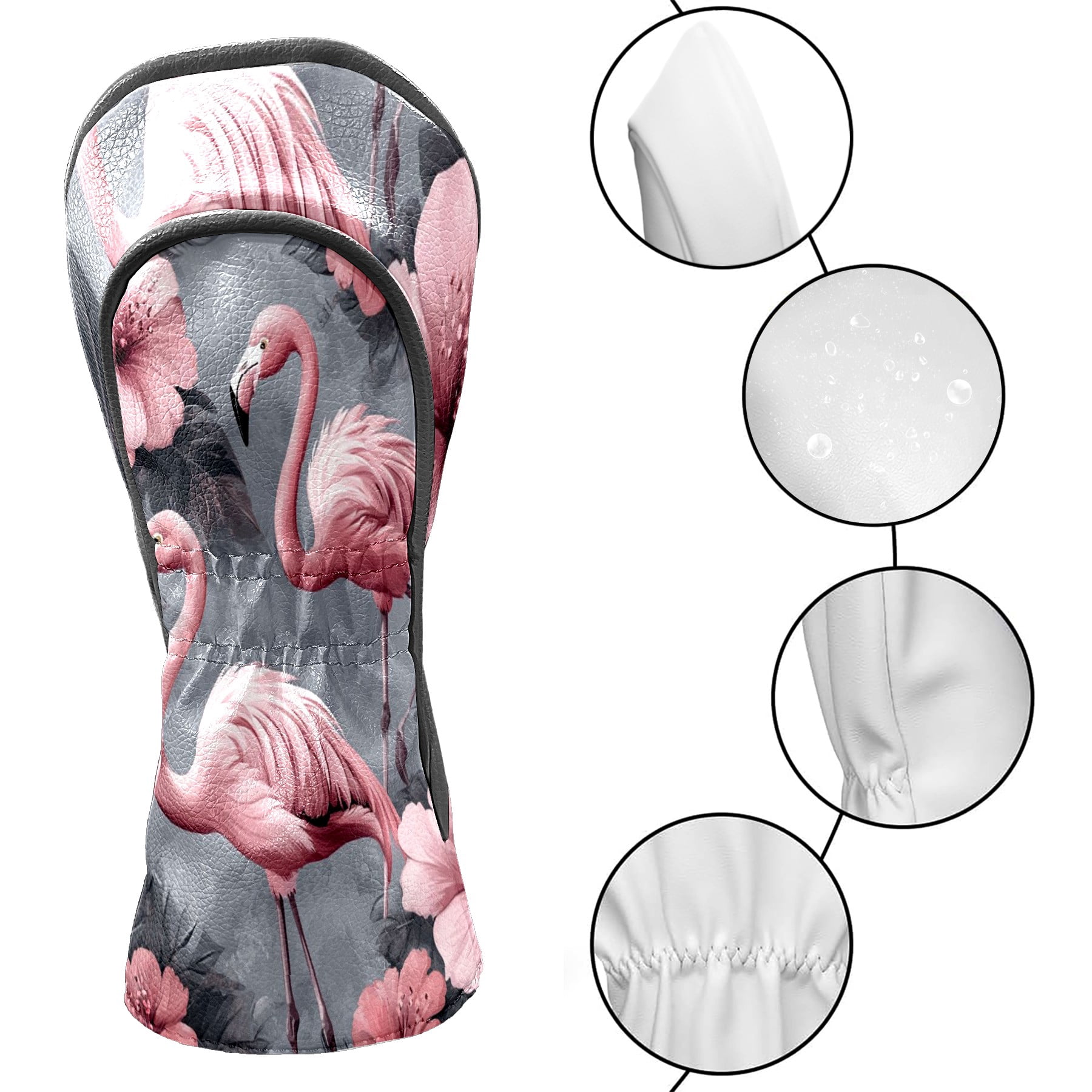 Golf Head Covers Flamingo & Flowers Design for Driver, Wood & Hybrid, Premium Waterproof PU Leather with Plush Lining, Tropical Golf Gifts