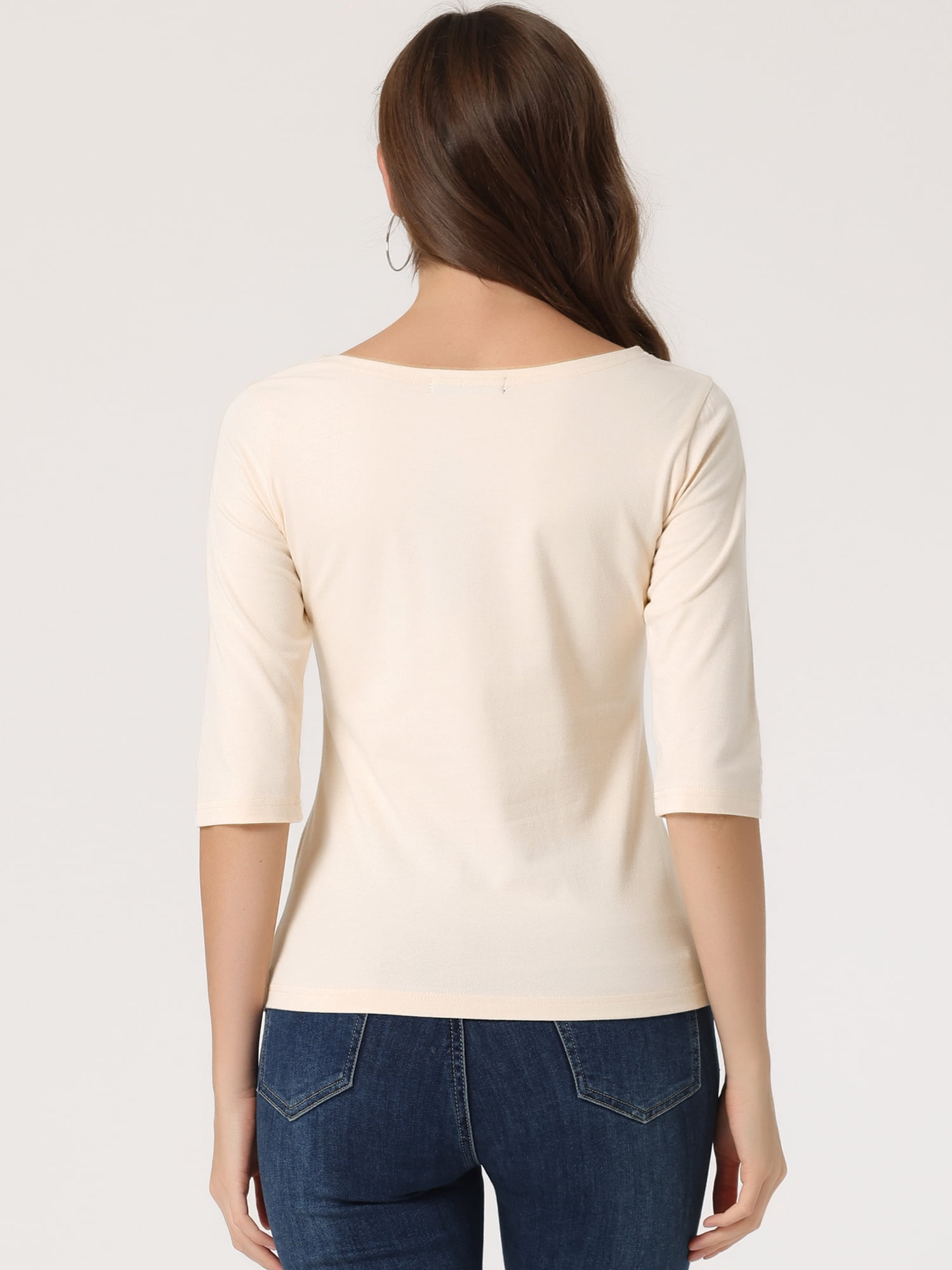 DARING DIVA Women's Elbow Sleeves Boat Neck Slim Fit Classic Tee M Beige