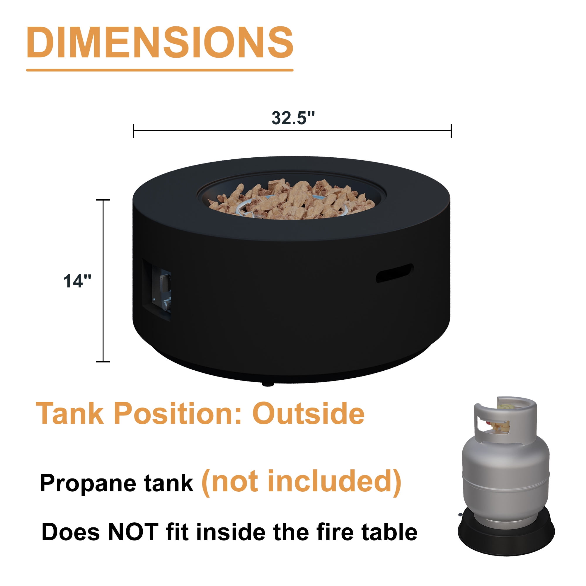 HongTaoK 32.5" Round Propane Fire Pit Black 50K BTU with Lava Rocks, and Eco-friendly, Black