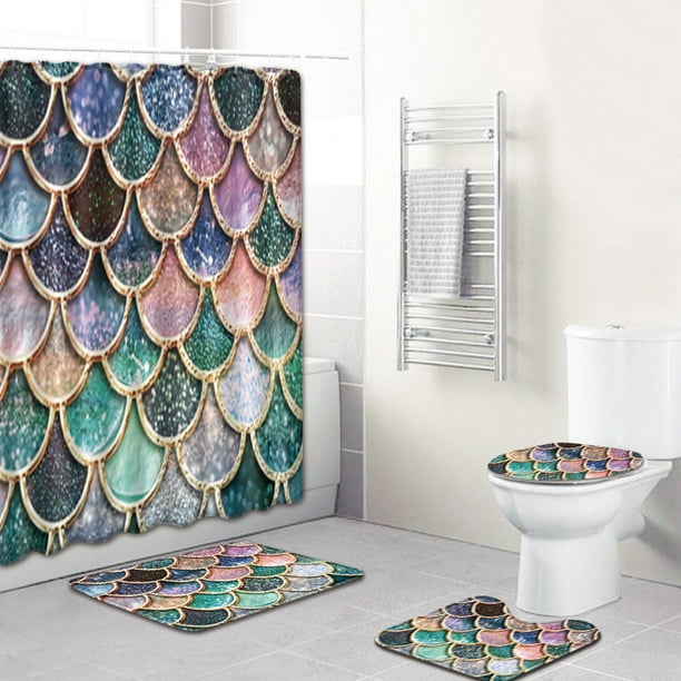 Hipaopao 4pcs Ocean Theme Shower Curtain Set With Non-Slip Rugs, Toilet Lid Cover Bath Mat Colorful Sparkling Fish Scales Bath Decor Shower Curtains W